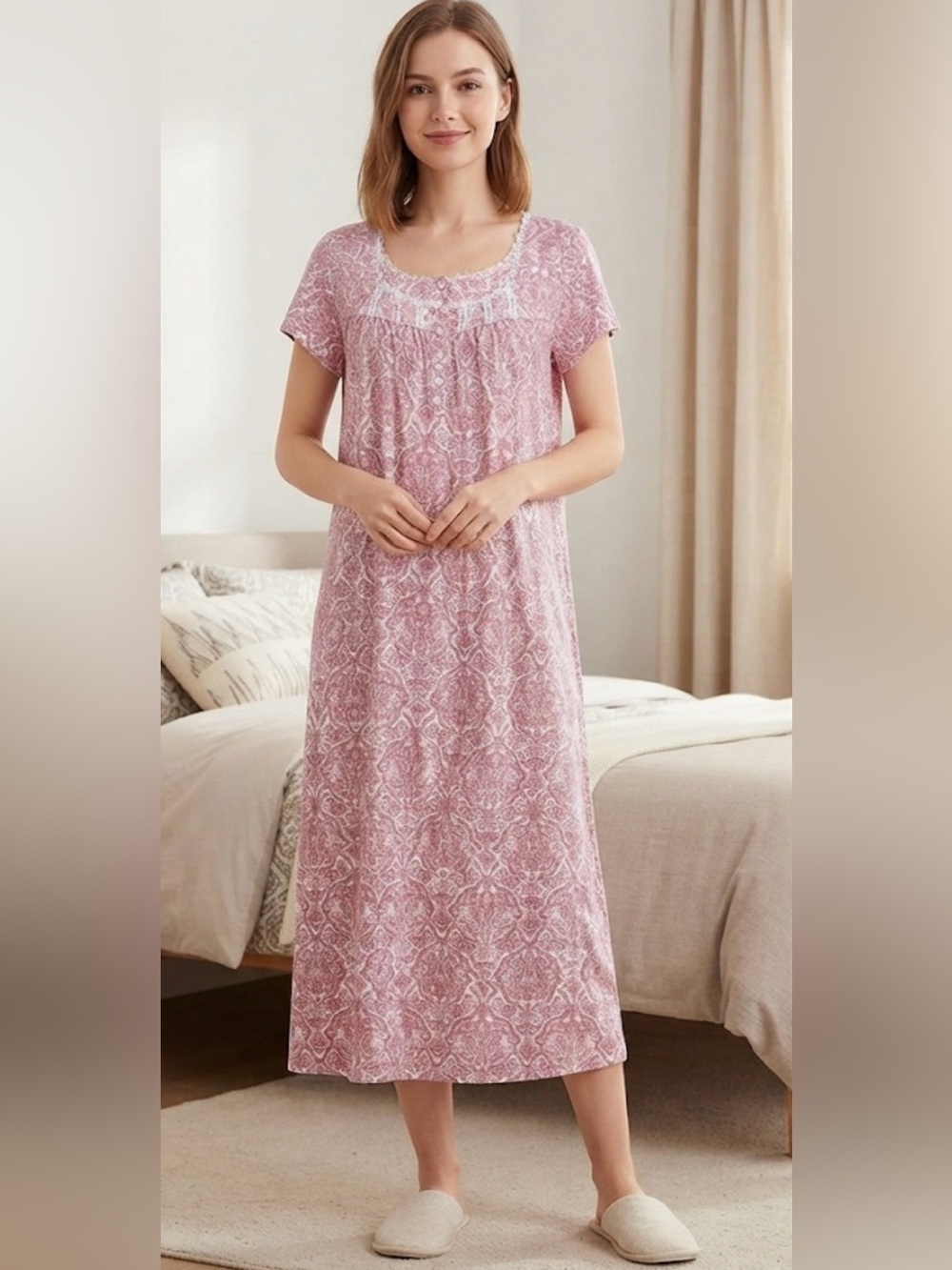 Croft & Barrow paisley nightgown delicate lace-trimmed square neckline Small
